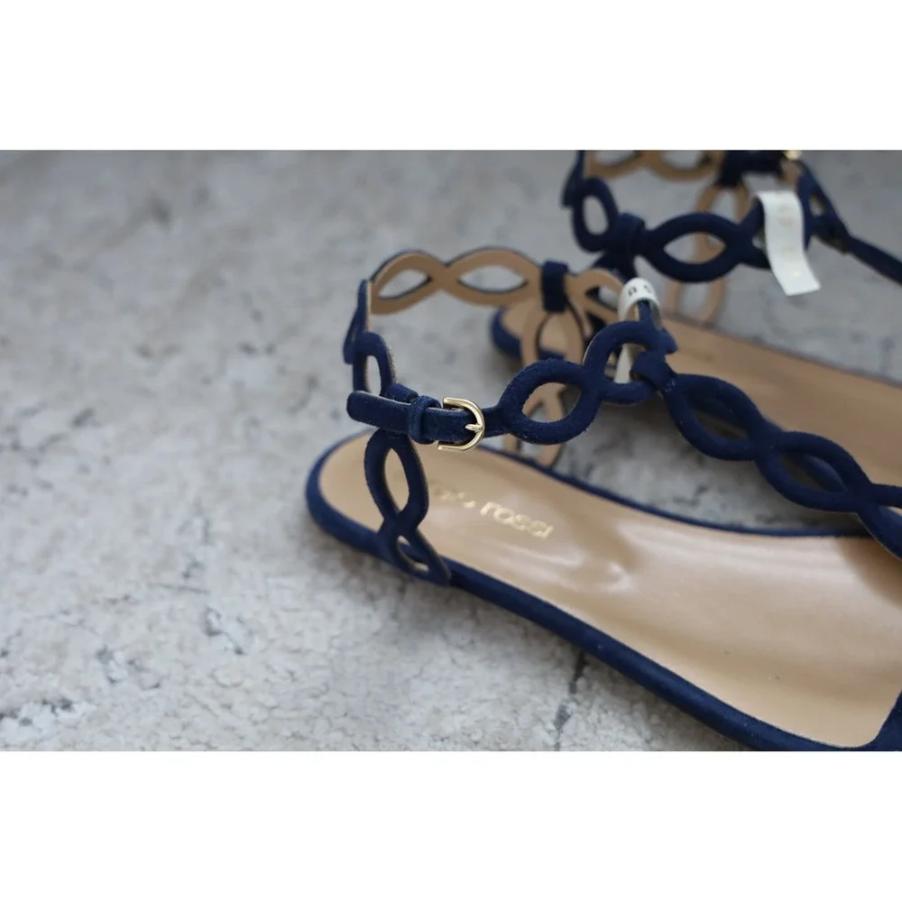 Sergio Rossi Navy‎ Suede Braided Ankle Strap Flat Sandals Size 35.5